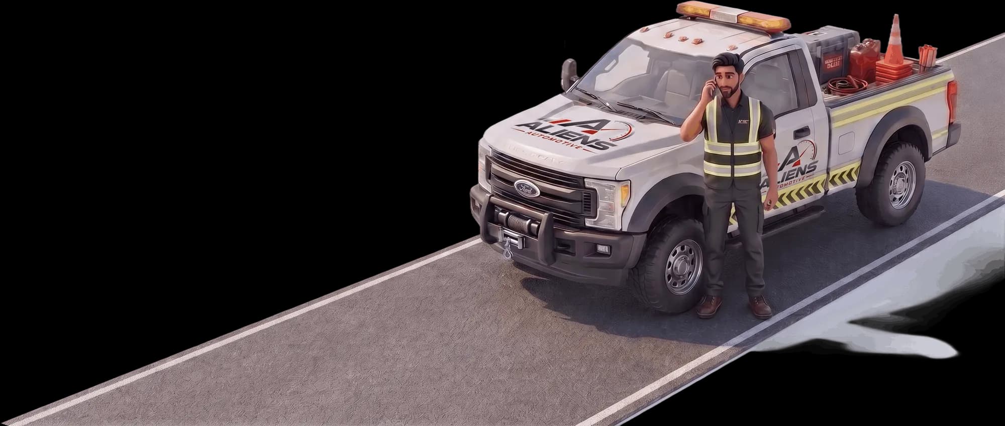 Aliens Automotive roadside assistance truck and technician on road