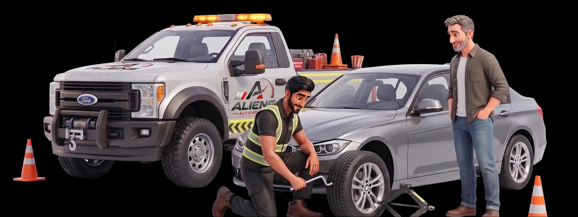 Aliens Automotive roadside assistance truck and technician changing a tyre while a customer waits